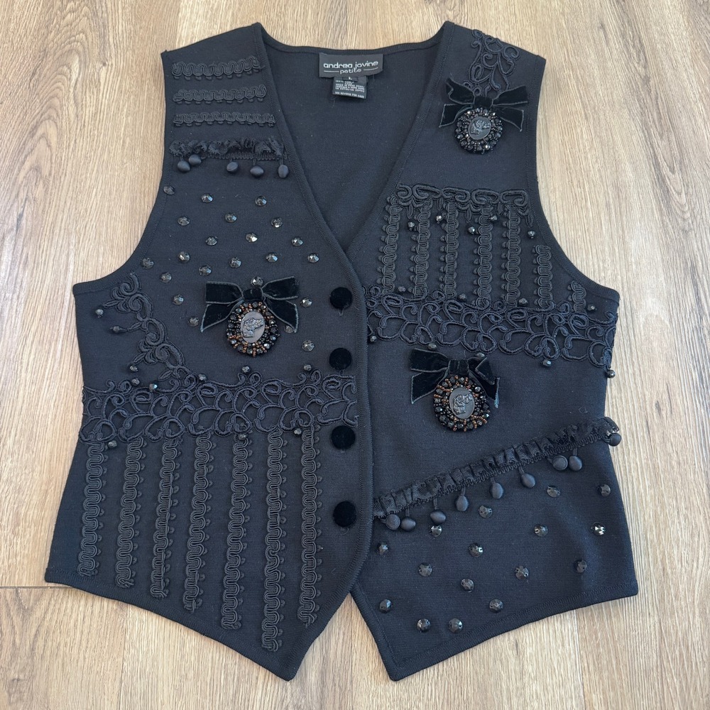 Vintage Andrea Jovine Petite Wool Embellished Vest Beaded Cameo Velvet Large